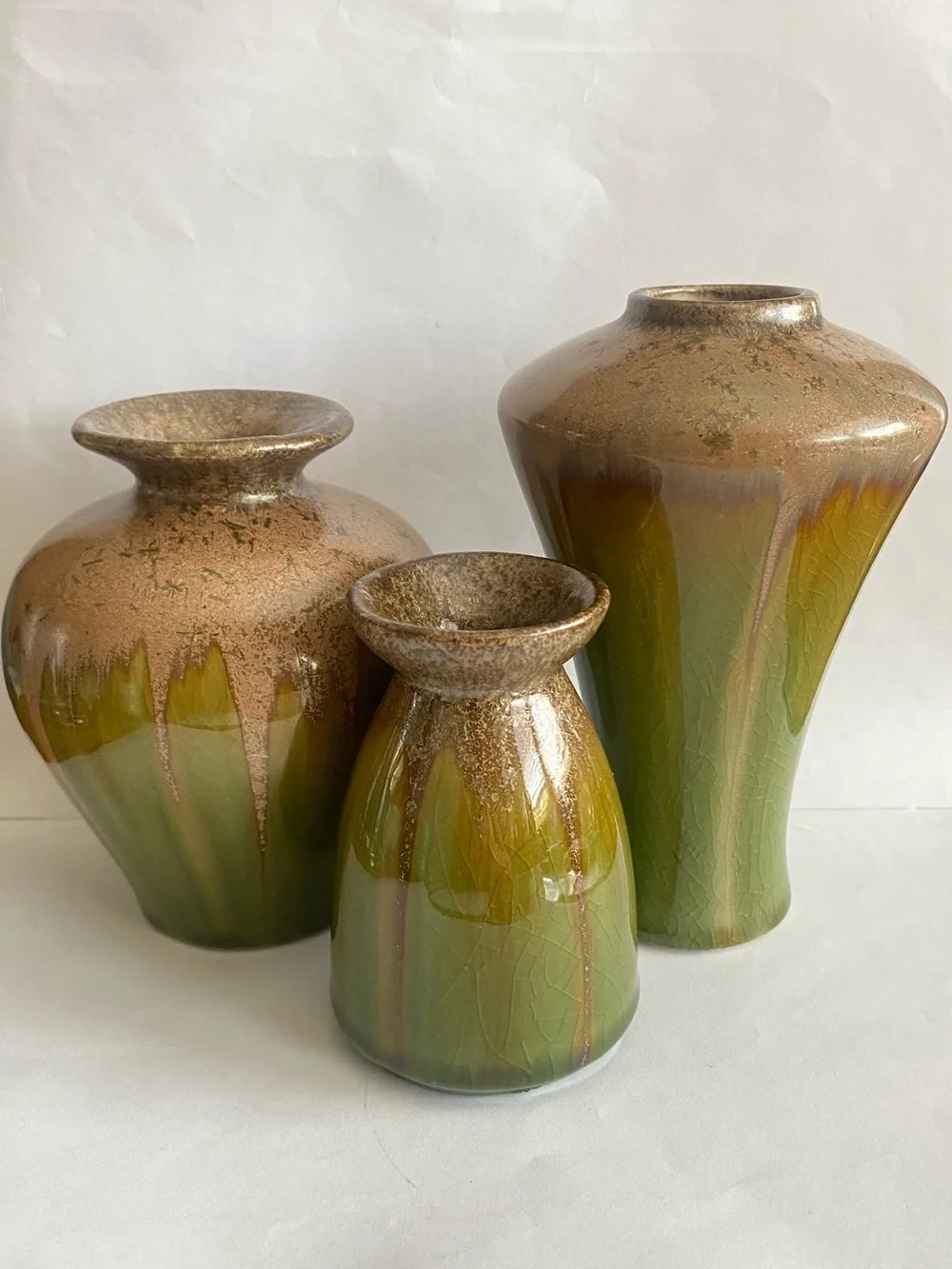 Vtg Hosley Art Pottery 3-piece Decorative Vase Set Glossy Earth Tone Drip Glaze